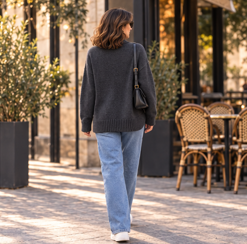 Trikona Noir Antrasit Oversize Balıkçı Yaka Triko Kazak
