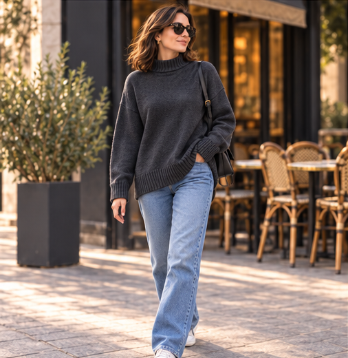 Trikona Noir Antrasit Oversize Balıkçı Yaka Triko Kazak
