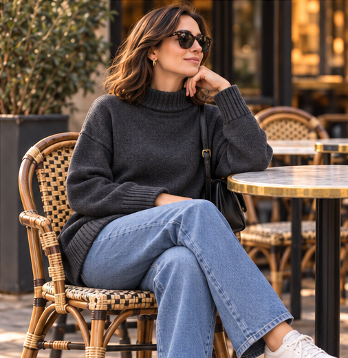 Trikona Noir Antrasit Oversize Balıkçı Yaka Triko Kazak