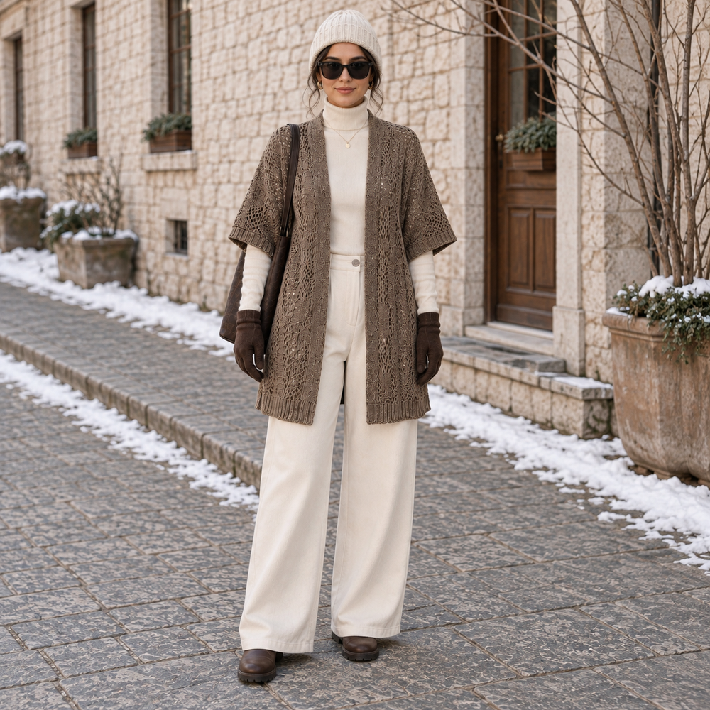 Trikona Siena Vizon Ajurlu Oversize Triko Hırka