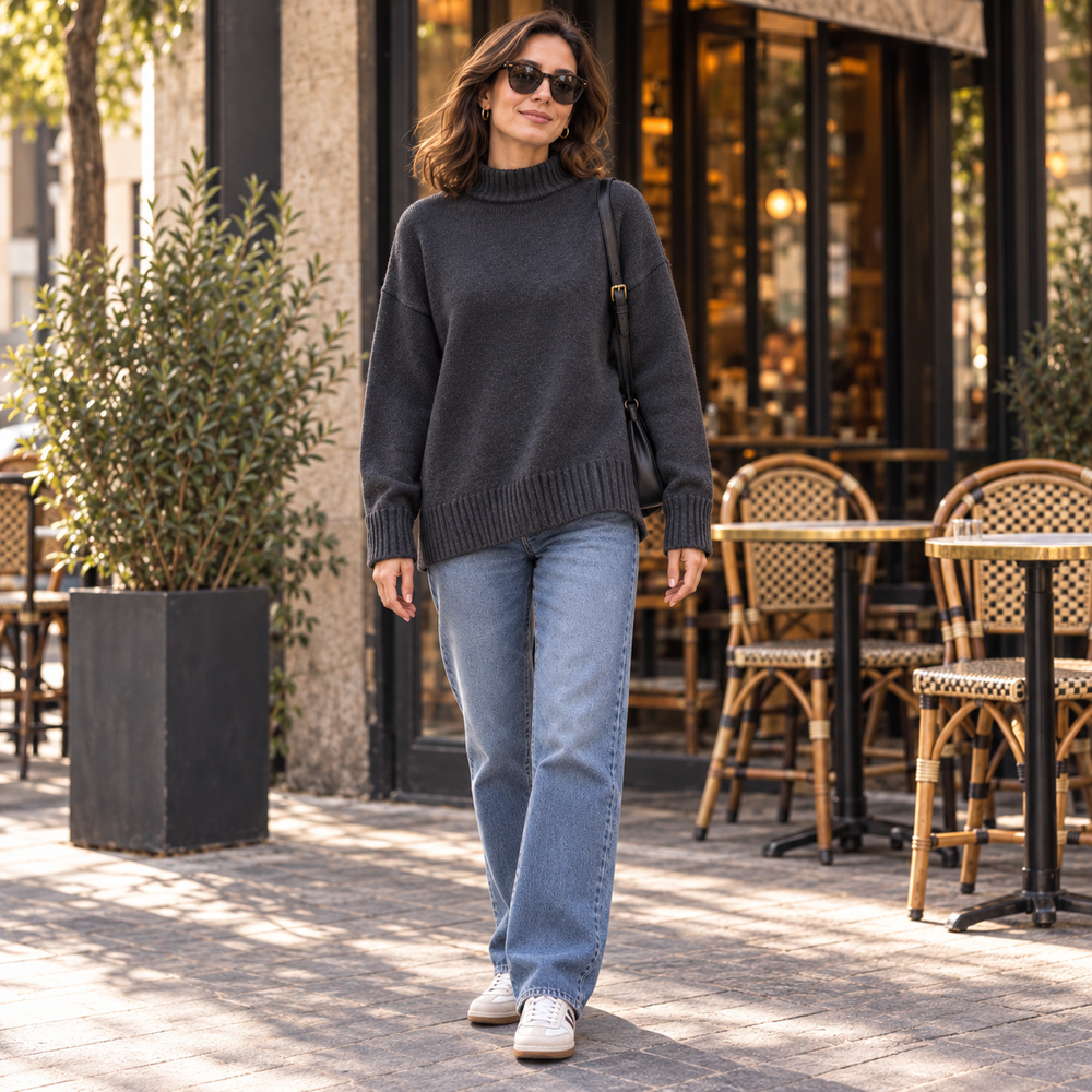 Trikona Noir Antrasit Oversize Balıkçı Yaka Triko Kazak