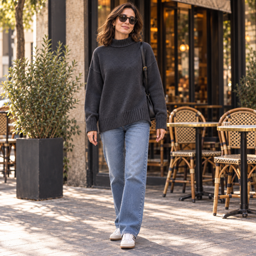Trikona Noir Antrasit Oversize Balıkçı Yaka Triko Kazak