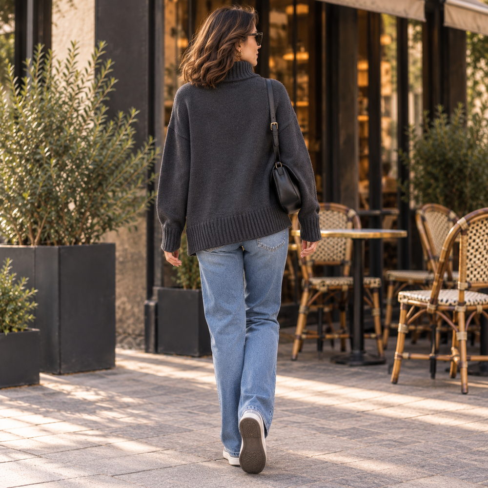Trikona Noir Antrasit Oversize Balıkçı Yaka Triko Kazak